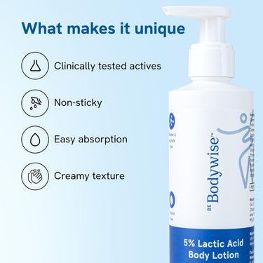 Be Bodywise 5% AHA Body Lotion with 48Hr Moisturisation 200ml | Dermatologically Tested | Improves Skin Texture & Reduces Appearance of Strawberry Legs | With Lactic Acid, Aloe Vera & Cica Extract